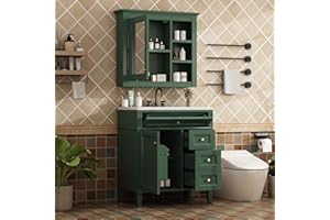 Linique 30'' Bathroom Vanity with Top Sink,Modern Bathroom Storage Cabinet with 2 Drawers and a Tip-Out Drawer,Single Sink Vanity,Freestanding Vanity Set with Green Mirror Cabinet(Green)