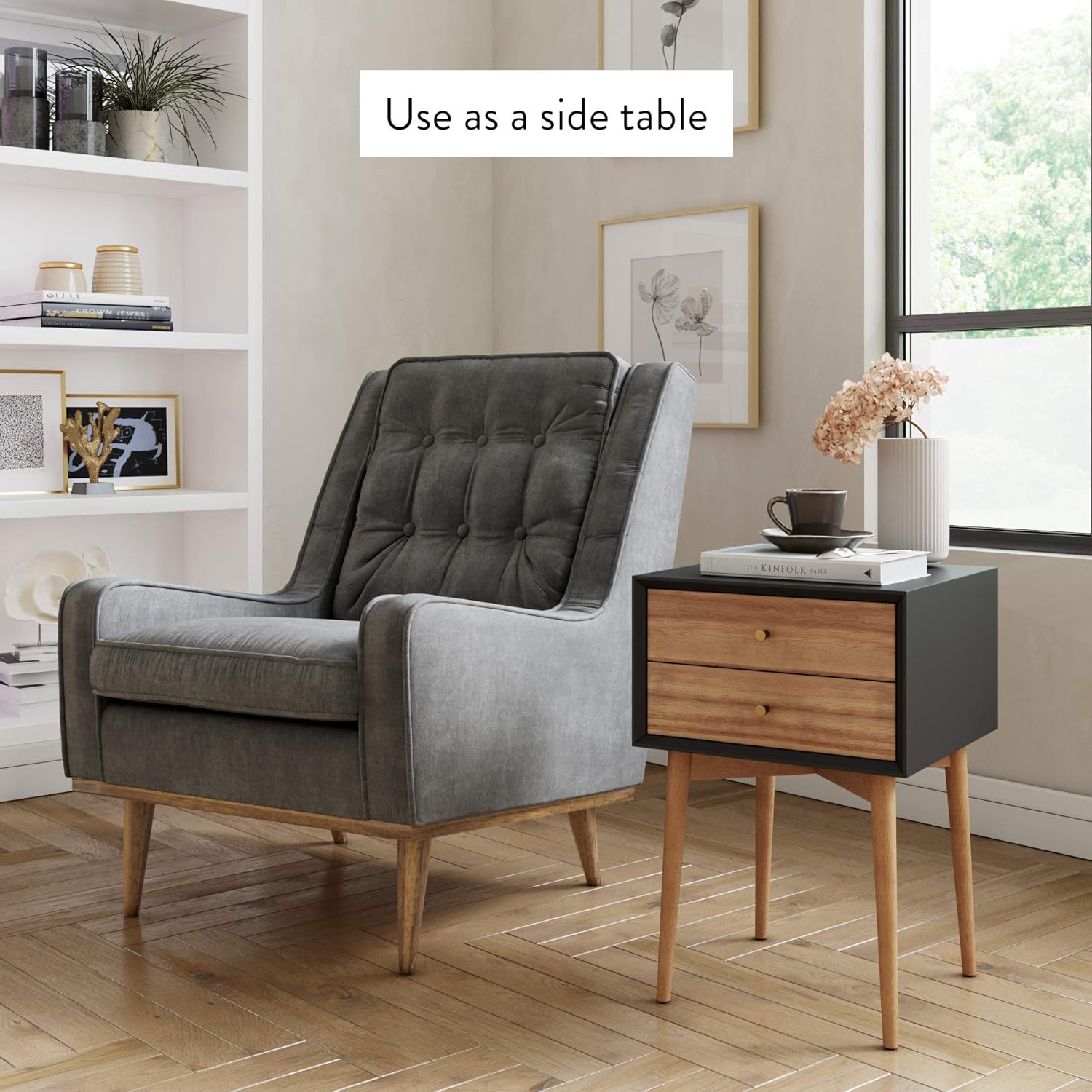 Nathan James Harper Mid-Century Side Table, 2-Drawer Wood Nightstand, Black/Brown: Furniture & Decor