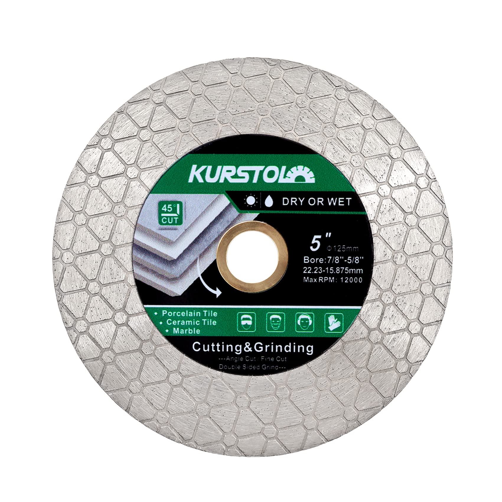 KURSTOL Diamond Tile Cutting Disc - 5"/125mm Dual-Purpose Diamond Cutting Wheel for Cutting and Grinding Ceramic Tiles,Porcelain,Granite,Marble with Arbor 22.23-15.875mm