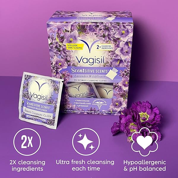 VAGISIL SCENTSITIVE SCENTS ON-THE-GO FEMININE CLEANSING WIPES, PH BALANCED, LAVENDER WILDFLOWER, INDIVIDUALLY WRAPPED, 16 COUNT (PACK OF 1)