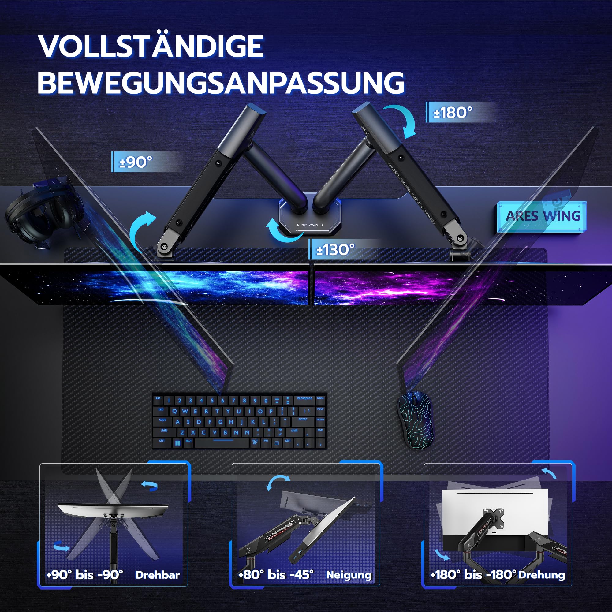 ARES WING Monitor Halterung 2 Monitore für 17–35" Bildschirme,Dual Monitorarm mit 2–12 kg Tragkraft,Bildschirmhalterung Höhenverstellbar, 75/100mm Vesa-Halterung,Schwarz 4