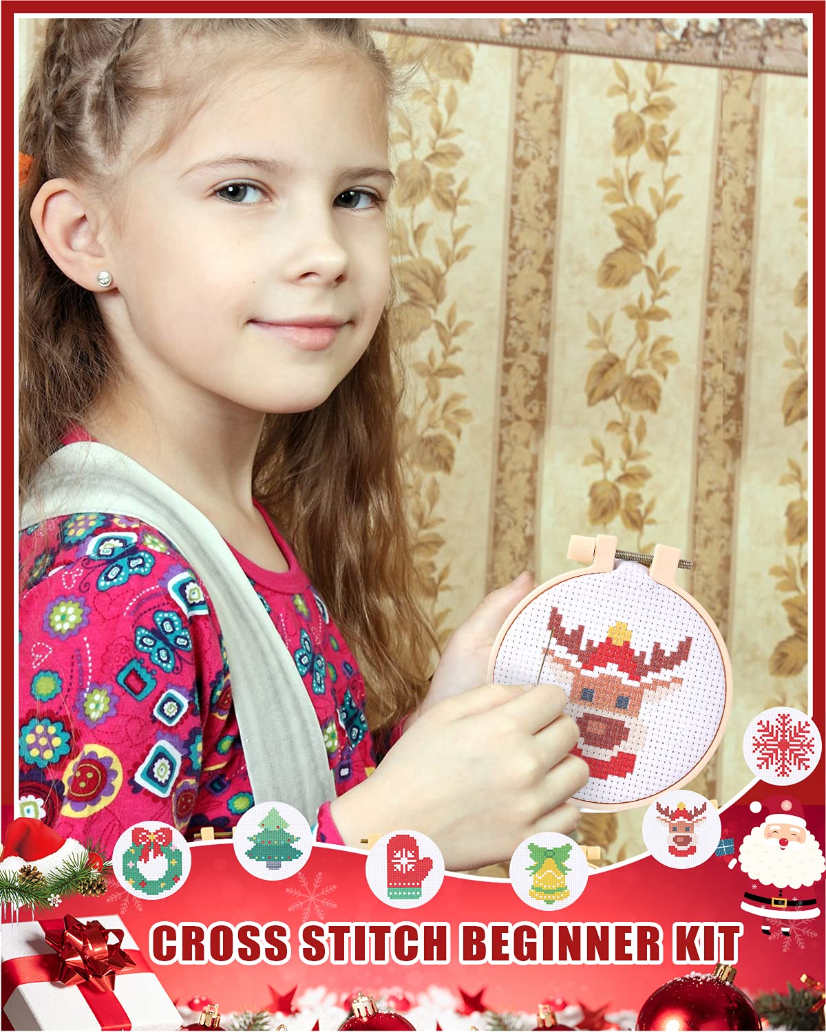 Pllieay Christmas Cross Stitch Beginner Kits for Kids 7-13, Includes 6pcs Project Cross Stitch Pattern and 2pcs Hoops, 14 Skeins Embroidery Floss, Needle Point Starter Kit Sewing Set with Instructions