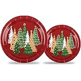 AllReal 48 Pcs Christmas Tree Paper Plates Red Pine Trees Disposable Party Plate Xmas 9" and 7" Dinner Dessert Dinnerware for Winter Holiday Party Supplies Table Decor