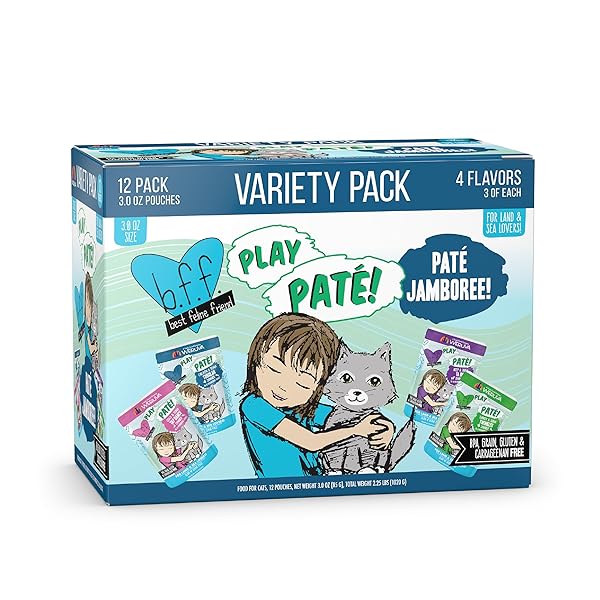 WERUVA B.F.F. PLAY – BEST FELINE FRIEND PATÉ LOVERS, AW YEAH!, PATÉ JAMBOREE! VARIETY PACK, 3OZ POUCH (PACK OF 12)