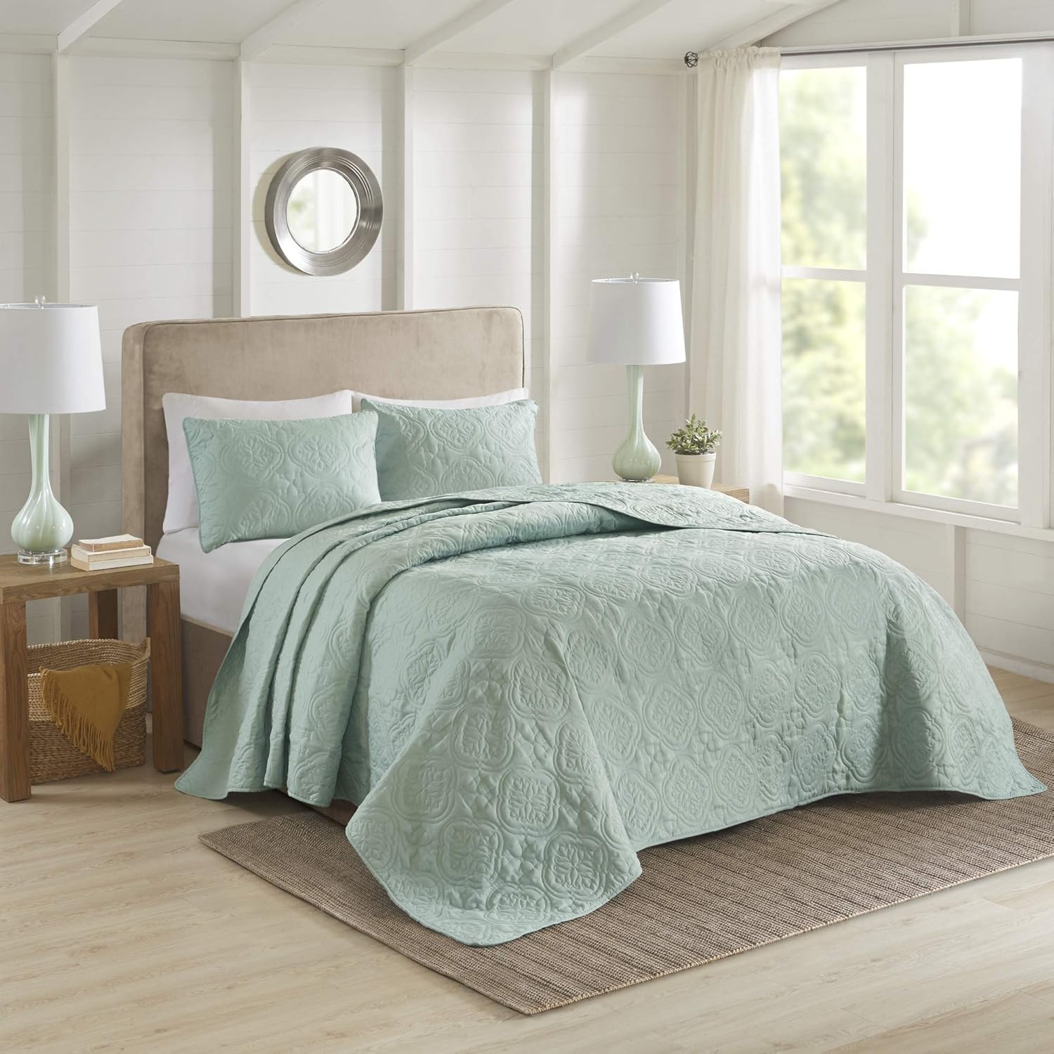 510 DESIGN Oakley Coverlet Reversible Oversized Flower Floral Botanical Medallion Pattern Ultra Soft Light-Weight Durable Hypoallergenic All Season Woven Bedding-Set, King/Cal King, Seafoam