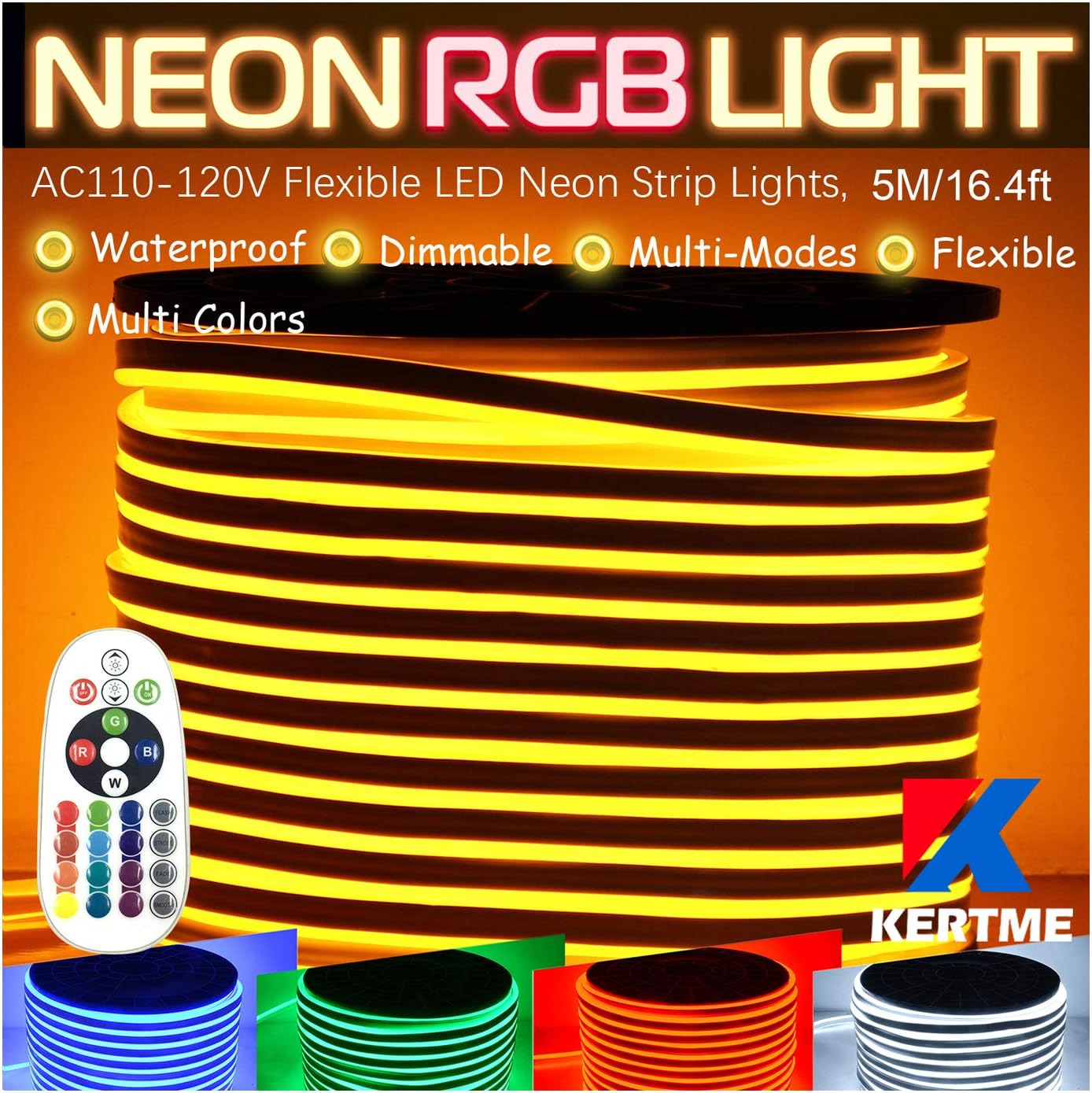 RGB LED Neon Light Strip, AC110-120V/Flexible/Waterproof/Dimmable/Multi-Colors/Multi-Modes Rope Light + 24 Keys Remote for Home/Garden/Building Decor (16.4ft/5m, RGB)