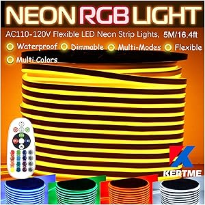 RGB LED Neon Light Strip, AC110-120V/Flexible/Waterproof/Dimmable/Multi-Colors/Multi-Modes Rope Light + 24 Keys Remote for Home/Garden/Building Decor (16.4ft/5m, RGB)