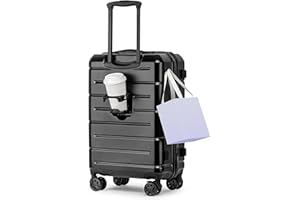 KYME Carry On Luggage 22x14x9 Airline Approved Hard Shell Carry On Suitcase with TSA Lock Hardside Suitcases with Wheels Travel Rolling 22 Inch Luggage with Cup Holder for Men Women Black
