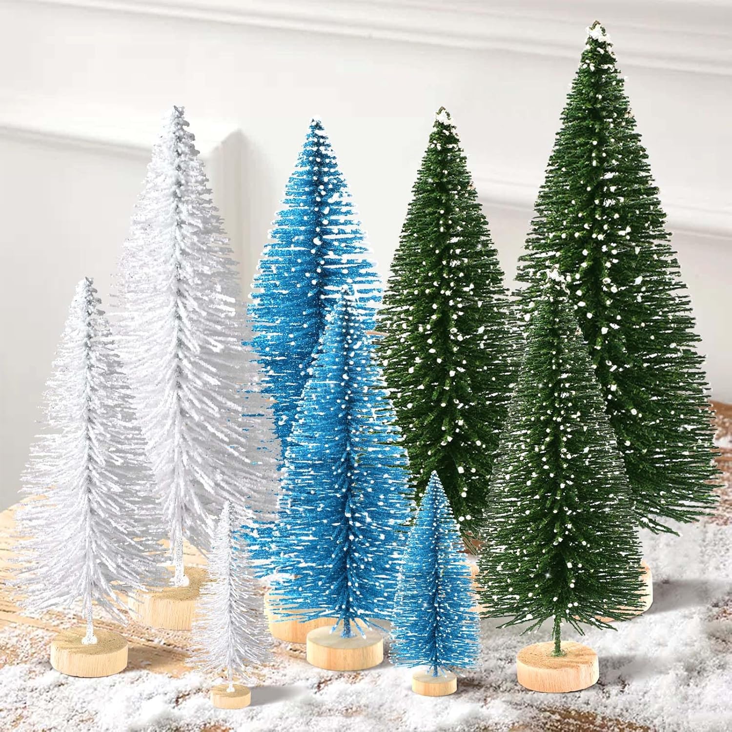 Trees - 9Pcs Mini Christmas Trees Christmas Decor Artificial Christmas Decorations with 4 Sizes, Christmas Tree Bottle Brush Trees Christmas Table Decorations (Green White Blue)