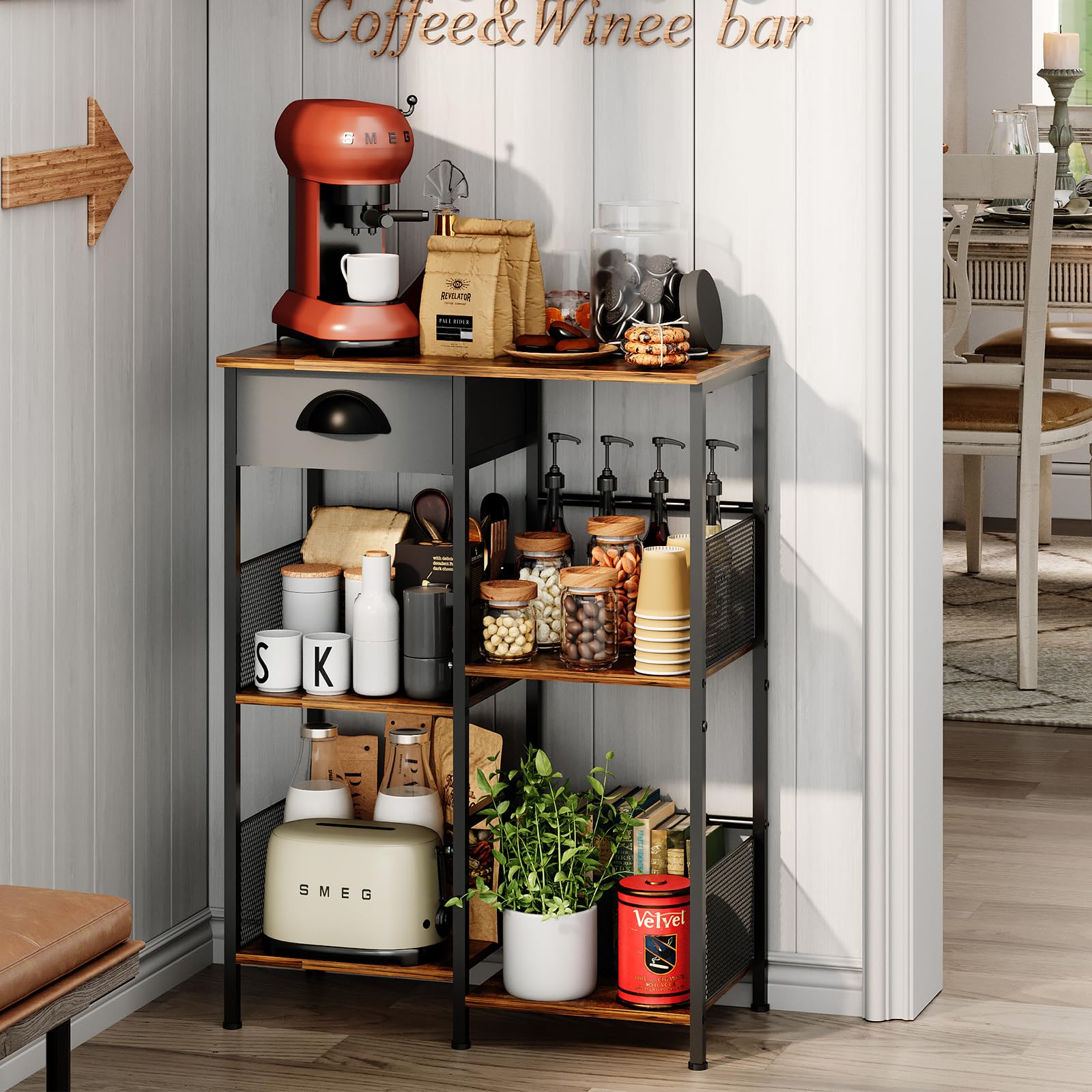 Photo 1 of X-cosrack Farmhouse Small Coffee Bar with Drawer, 5-Layer Staggered Coffee Stand Station for Small Space, Rustic Bar Cabinet for Kitchen, Buffet Sideboard Cabinet for Living Room, Room Cafe