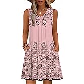 Zeagoo Summer Dresses for Women 2026 Sleeveless Dress V Neck Tank Dress Pleated Floral Tshirt Sundresses with Pockets