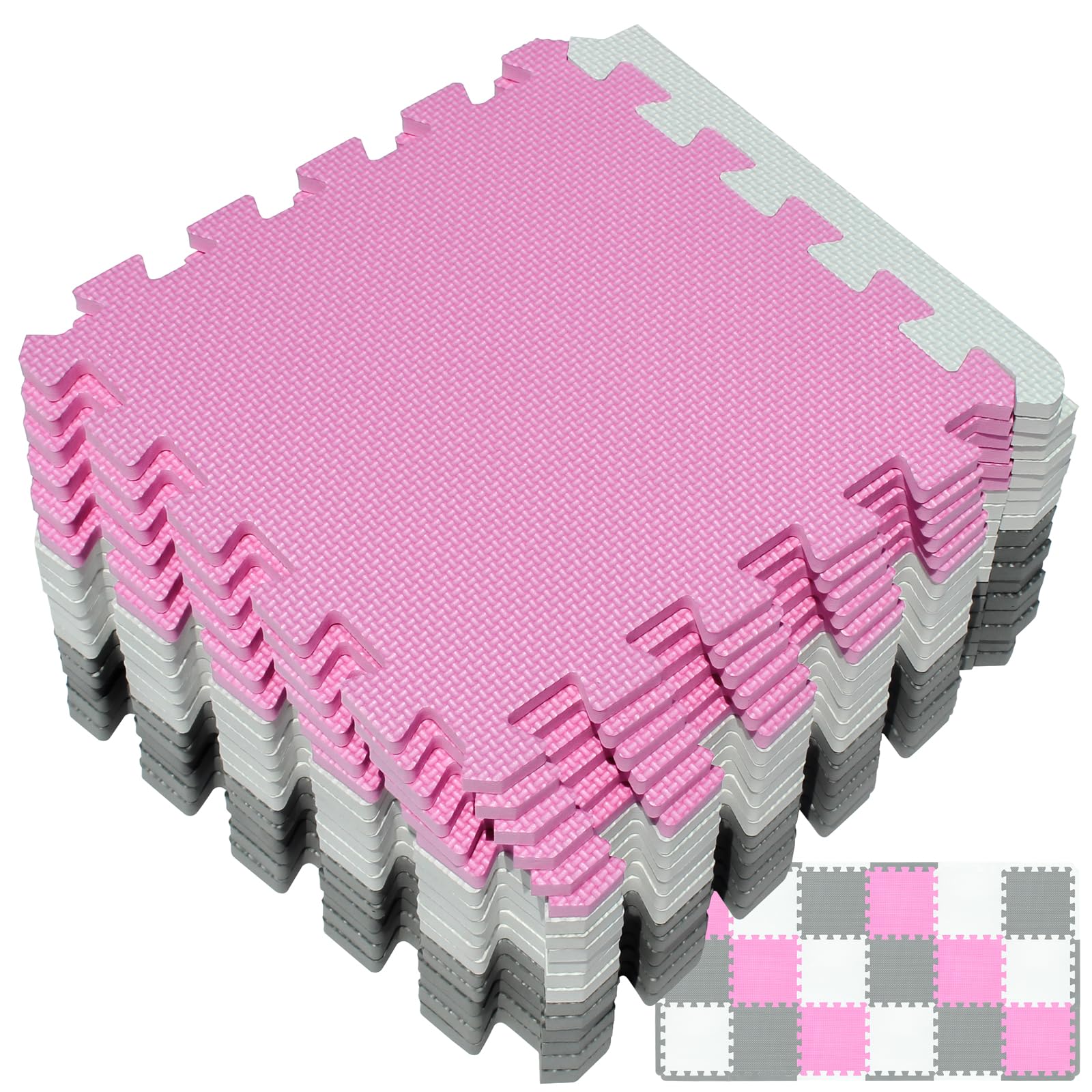 Yostrong® 18 Tiles Interlocking Puzzle Foam Baby Play Mat with Straight Edges for Playing - EVA Babies Crawling Mat | Rubber Floor Work Out Mats for Home Gym. White, Pink, Gray. YOC-ACLb18S18