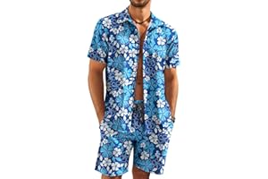 KYKU Mens Hawaiian Shirt and Short Set - Summer Short Sleeve Button Down Beach Shirts Tropical Vacation 2 Piece Outfits