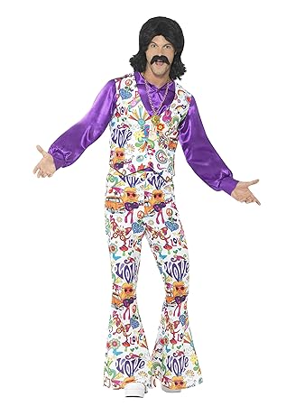Smiffys Herren 60er Jahre Groovy Hippie Kostüm, Weste, Hemd und Schlaghose, Größe: XL, 44904