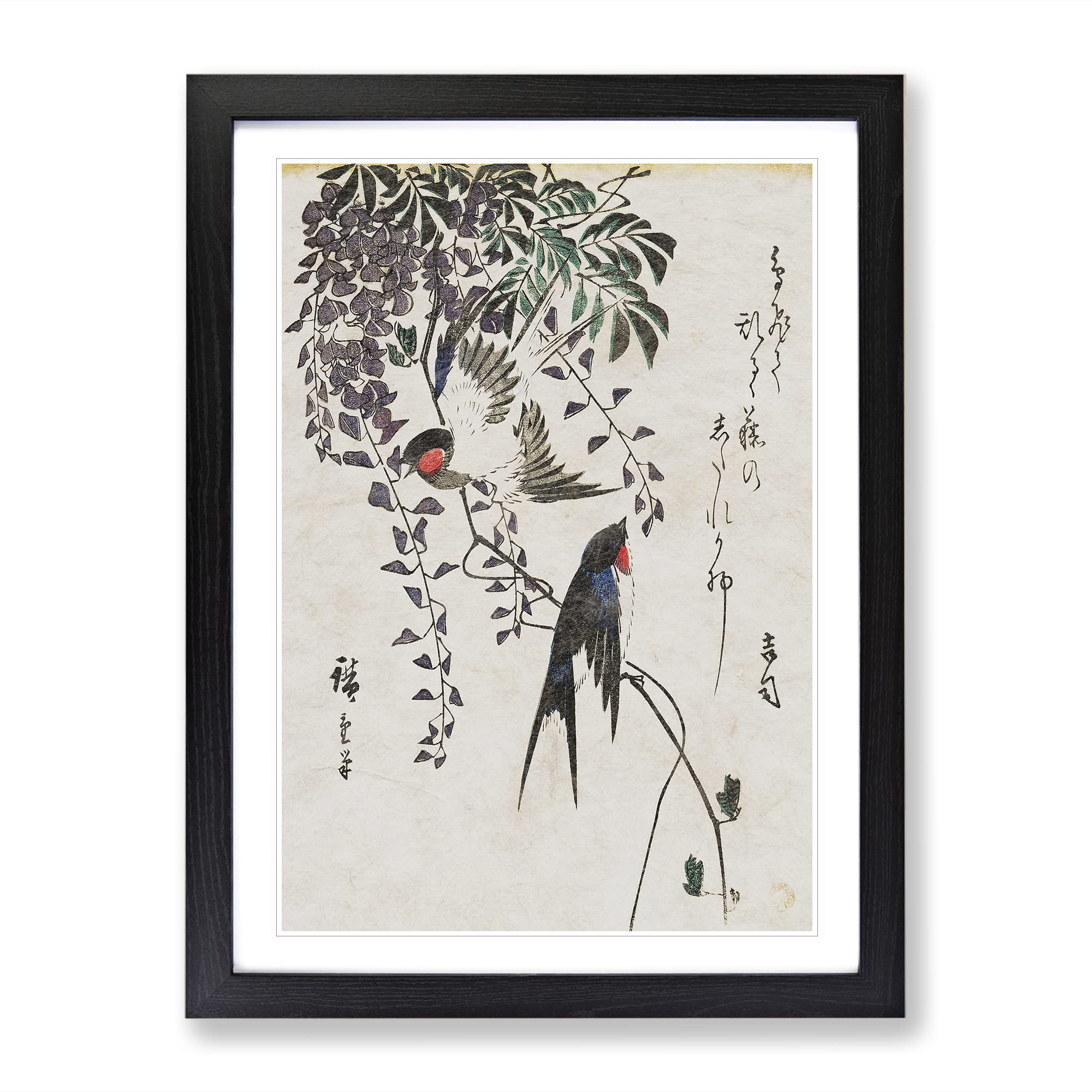 Two Swallow Birds By Utagawa Hiroshige Asian Japanese Framed Wall Art Print, Ready to Hang Picture for Living Room Bedroom Home Office Décor, Black A3 (34 x 46 cm)