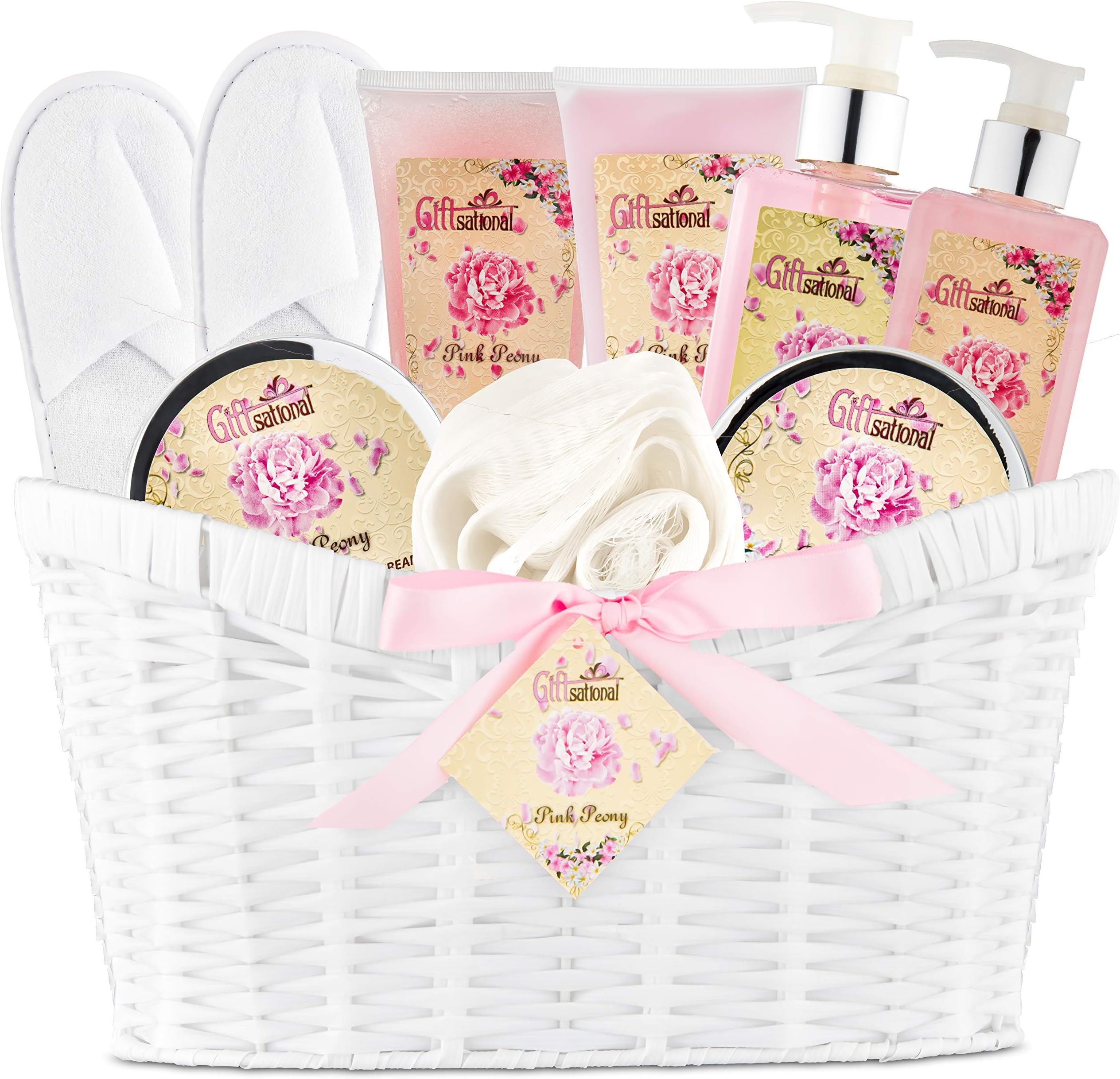 Spa Gift Basket with Pink Peony Fragrance, Perfect Christmas or Birthday Gift For for Women, Gift Set Includes Bubble Bath, Shower Gel, Body Scrub, Body Lotion, Bath Salts, Body Cream, And More