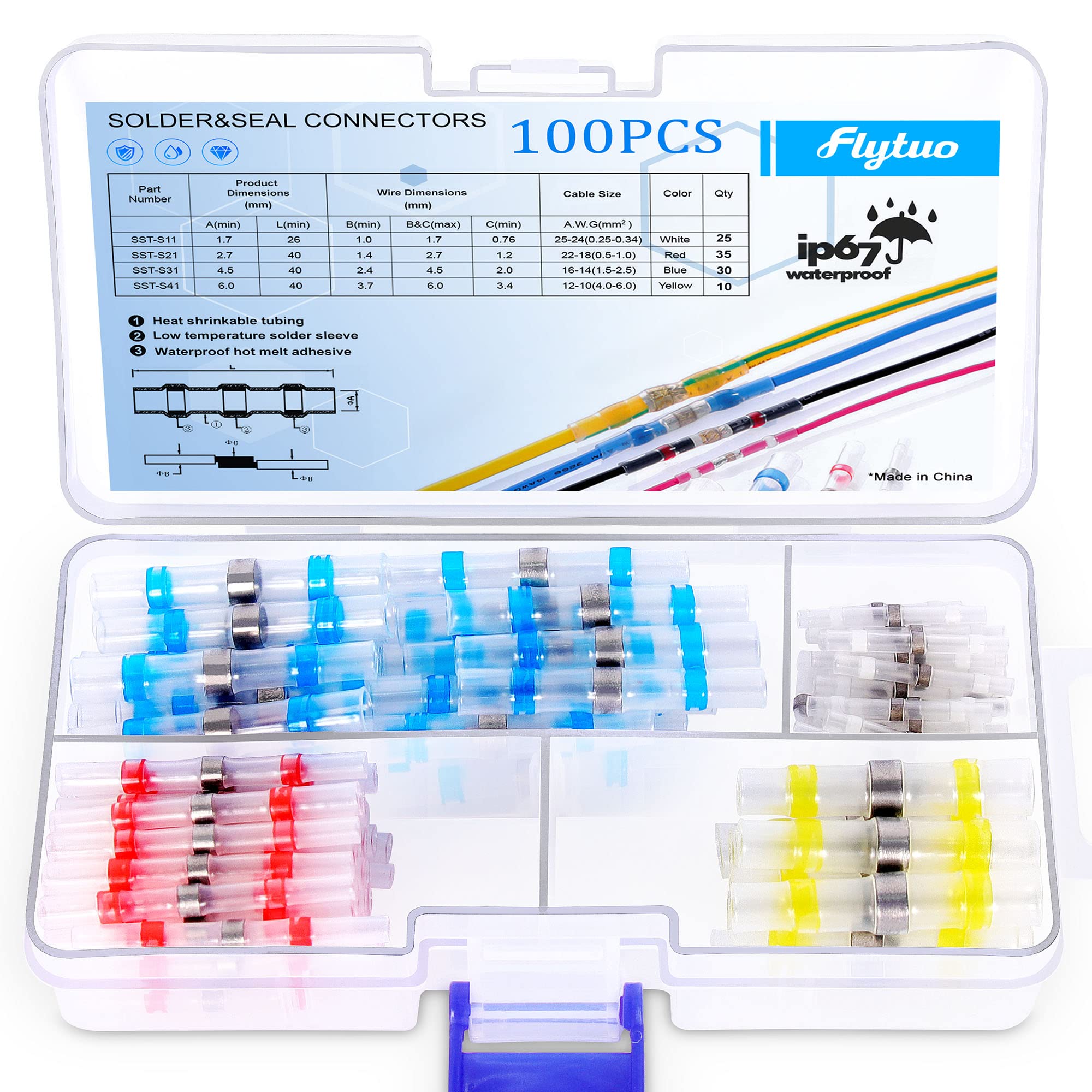 Flytuo 100PCS Solder Seal Wire Connectors Heat Shrink Wire Connectors, Solderstick Waterproof Solder Wire Connector Kit, Electrical Wire Terminals, Marine Insulated Butt Splices