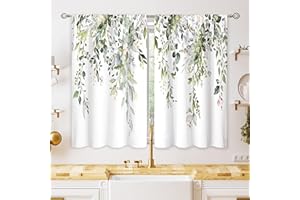 oolygoo Eucalyptus Botanical Leaves Floral Kitchen Window Curtains Over Sink Farmhouse Flower Leaf Small Window Treatment Sage Green Cafe Short Curtains for Bathroom Treatment Tier Drapes 26x36 inch