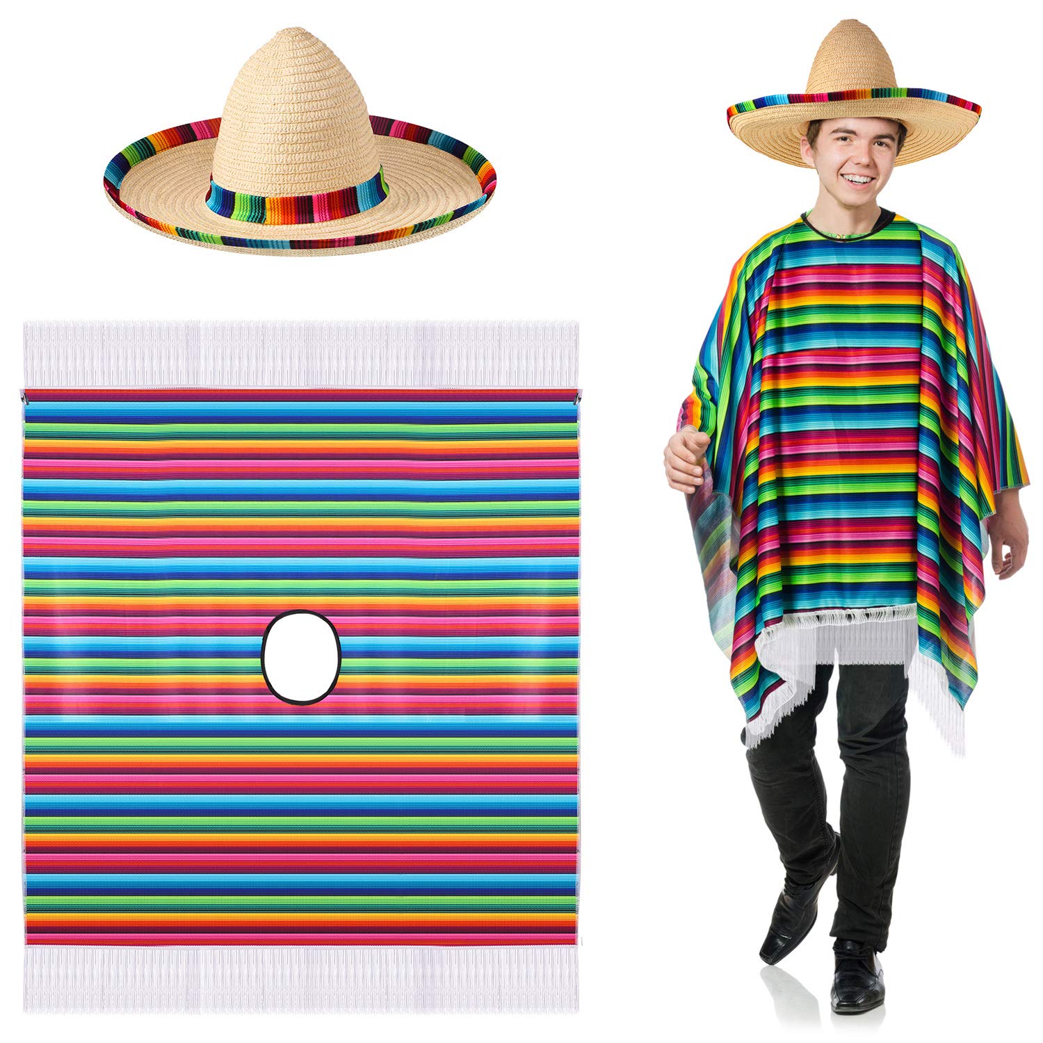 SATINIOR Mexican Serape Poncho Costume Mexican Sombrero with Rainbow Serape Edge and Band (Adult)