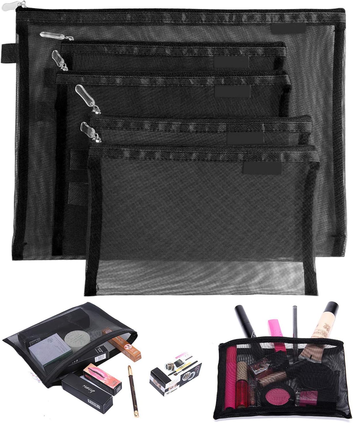 Topfinder Mesh Makeup Bags Zipper Cosmetic Bags Pencil Zipper Pouch Portable Travel Toiletry Kit Set Storage Case Office Organizer Stationery (Black)