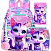 HPJGD 3PCS Girls Cat Backpack, Water Resistant Kids Bookbag Set with Lunch Box, Cute School Bag for Preschool Toddler