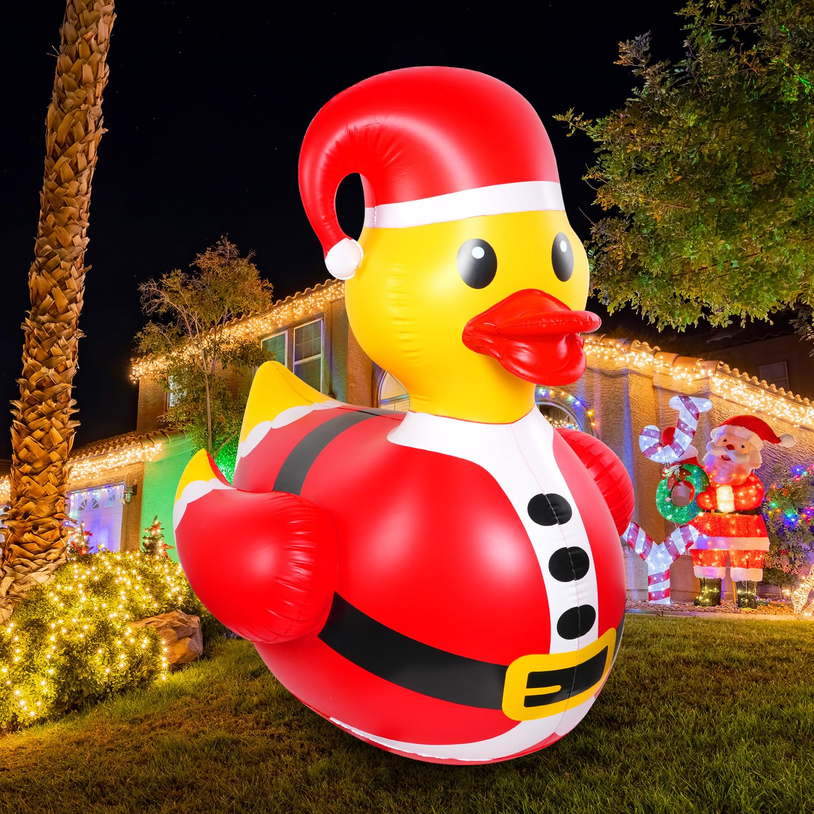 Photo 1 of 1 Pcs 4.6 Feet Christmas Giant Inflatable Snowman Duck Outdoor Decorations,Huge Blow Up Yard Yellow Duck with Red Snowman Cloth Pool Float for Indoor Christmas Holiday Party Garden Patio Lawn Decor