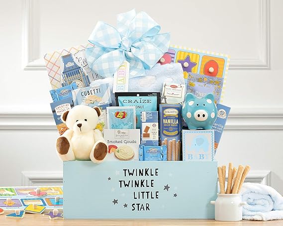 Newborn Baby Boy Gift Basket Welcome Home Baby Boy Congratulations Newborn Baby Blue New Arrival Baby Shower Gift By Wine Country Gift Baskets Amazon Com Grocery Gourmet Food