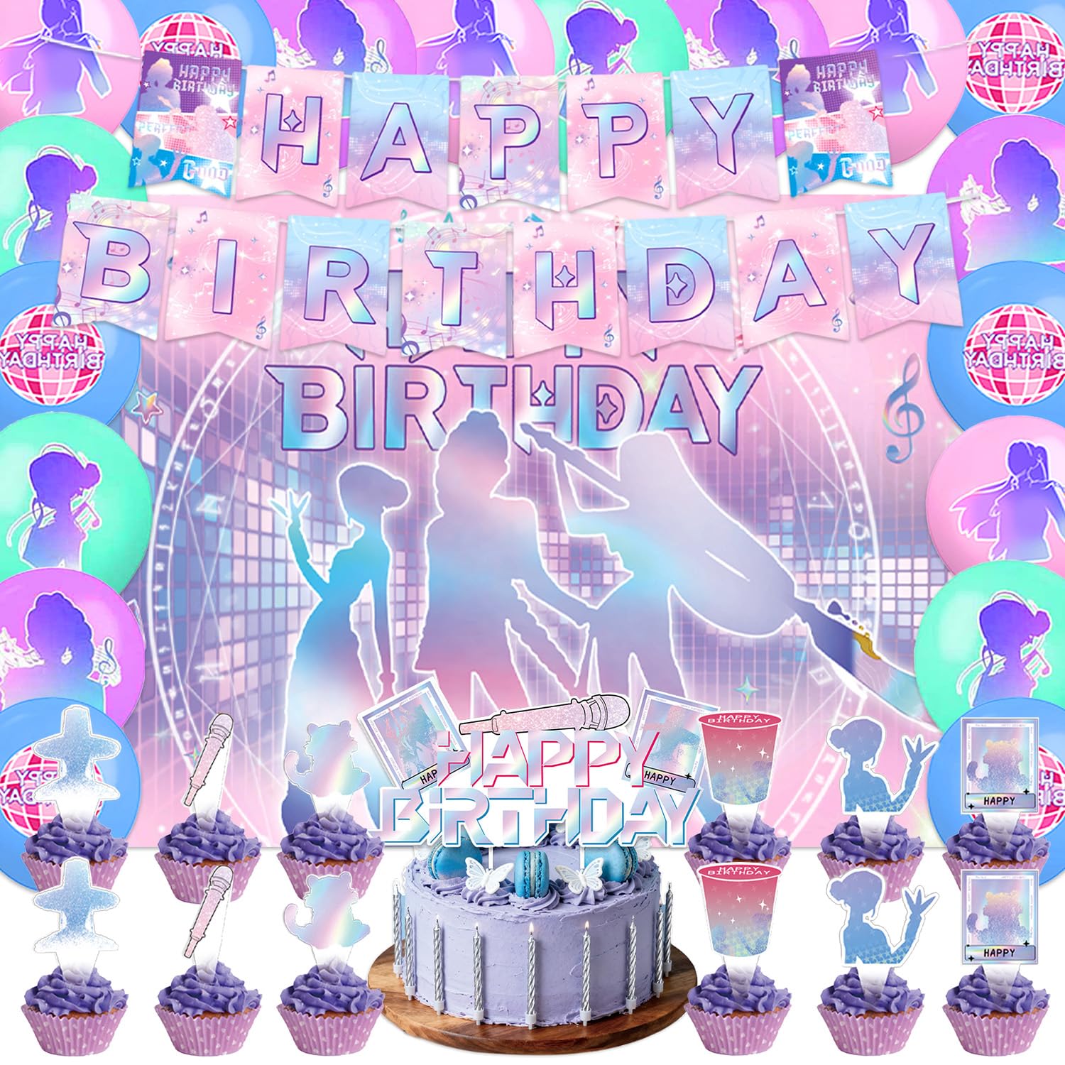 Photo 1 of 42Pcs Demon Movie Hunters Birthday Party Decorations Include Cake Topper Cupcake Toppers Music Singer Happy Birthday Party Pink and Purple Flag Banner and Balloons Backdrog