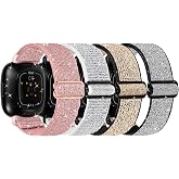 4 Pack Adjustable Nylon Band Compatible with Fitbit Sense/Sense 2, Versa 3 / 4, Shiny Soft Breathable Single Loop Elastic Replacement Band for Fitbit Versa 4 / 3 Women Men
