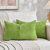 Fancy Homi Set of 2 Lime Green Lumbar Decorative Throw Pillow Covers 12x20 Inch for Living Room Bedroom Couch Bed Sofa, Soft Striped Corduroy Modern Rectangle Accent Cushion Case 30x50 cm