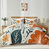 Yogeneg Queen Quilt Bedding Set,White Orange Botanical Pattern Beige Full/Queen Quilt Set,3 Piece Lightweight Soft Summer Bedspread Coverlet with 2 PIillow Shams,All Season(Beige,90"x96")