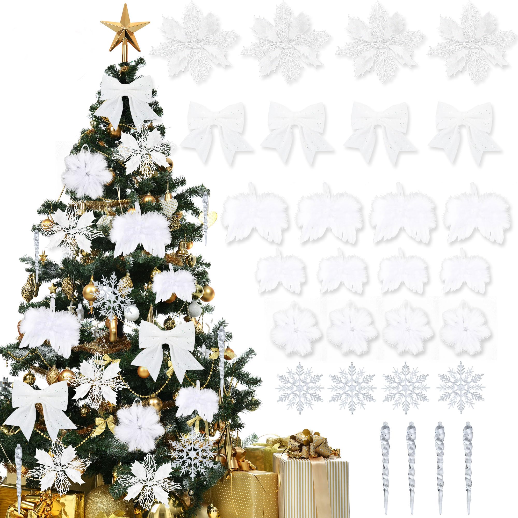 Abitoncc 32 PCS White Christmas Tree Decorations White Feather Christmas Decorations Flowers Christmas Decorations Christmas Bows for Trees Christmas Tree Decorations White Xmas Tree Decorations