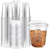 Baderke 100 Pcs Plastic Cups with Sip Lids Round Bottom Disposable Plastic Coffee Cups with Lids Clear Strawless Crystal Mugs for Iced Coffee Smoothie Cold Beverage Party Catering Supplies (14 oz)