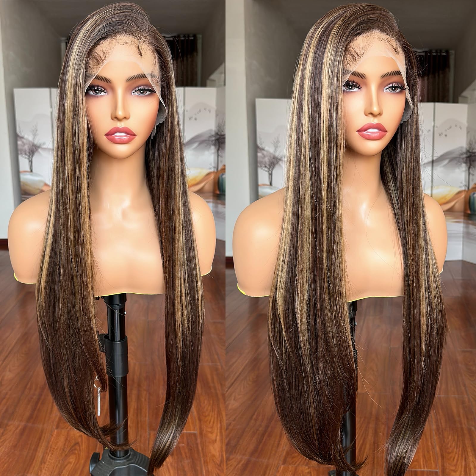 Photo 1 of 13x6 Lace Front Wigs Honey Blonde Hightlight Fashion Glueless Wig Pre-layered 30 Inch Long Straight with Wavy End HD Lace Free Part Frontal Wig Pre Plucked with Babyhair Tiny Knots Lace Part