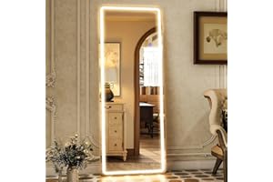 GLSLAND LED Full Length Mirror 64" x 21" Floor with Stand Wall Mounted Hanging Full Body Mirror with Lights Free Standing for Bedroom Living Room Bathroom, White