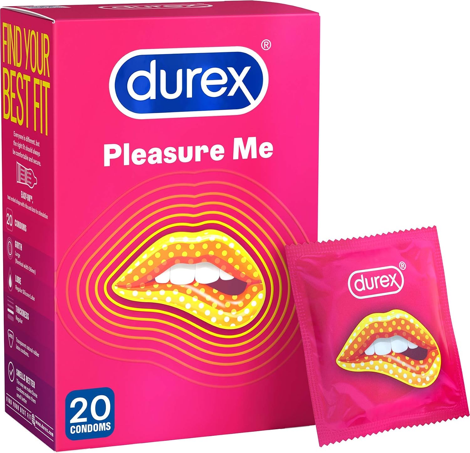 Durex Pleasure Me Condoms, 20 Condoms (1 Pack) (Packaging May Vary), Transparent, 20 count (Pack of 1)