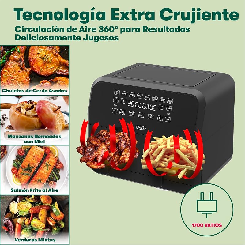 Freidora de aire de 8L, doble canasta y pantalla táctil, 8 opciones de cocción, temperatura ajustable, apagado automático, bandejas antiadherentes, 1700W, color negro