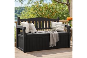 Greesum 80 Gallon Storage Bench Outdoor Deck Box with Armrest, Patio Furniture, Lockable, Waterproof and UV Resistant, Suitable for Garden, Poolside, Dark Black