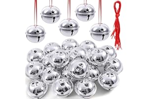 PECMER 2 Inch Craft Bells-20 Pcs Large Silver Jingle Bells Bulk and Red Ribbon for Christmas Party Festival Decoration and Wedding Ornament