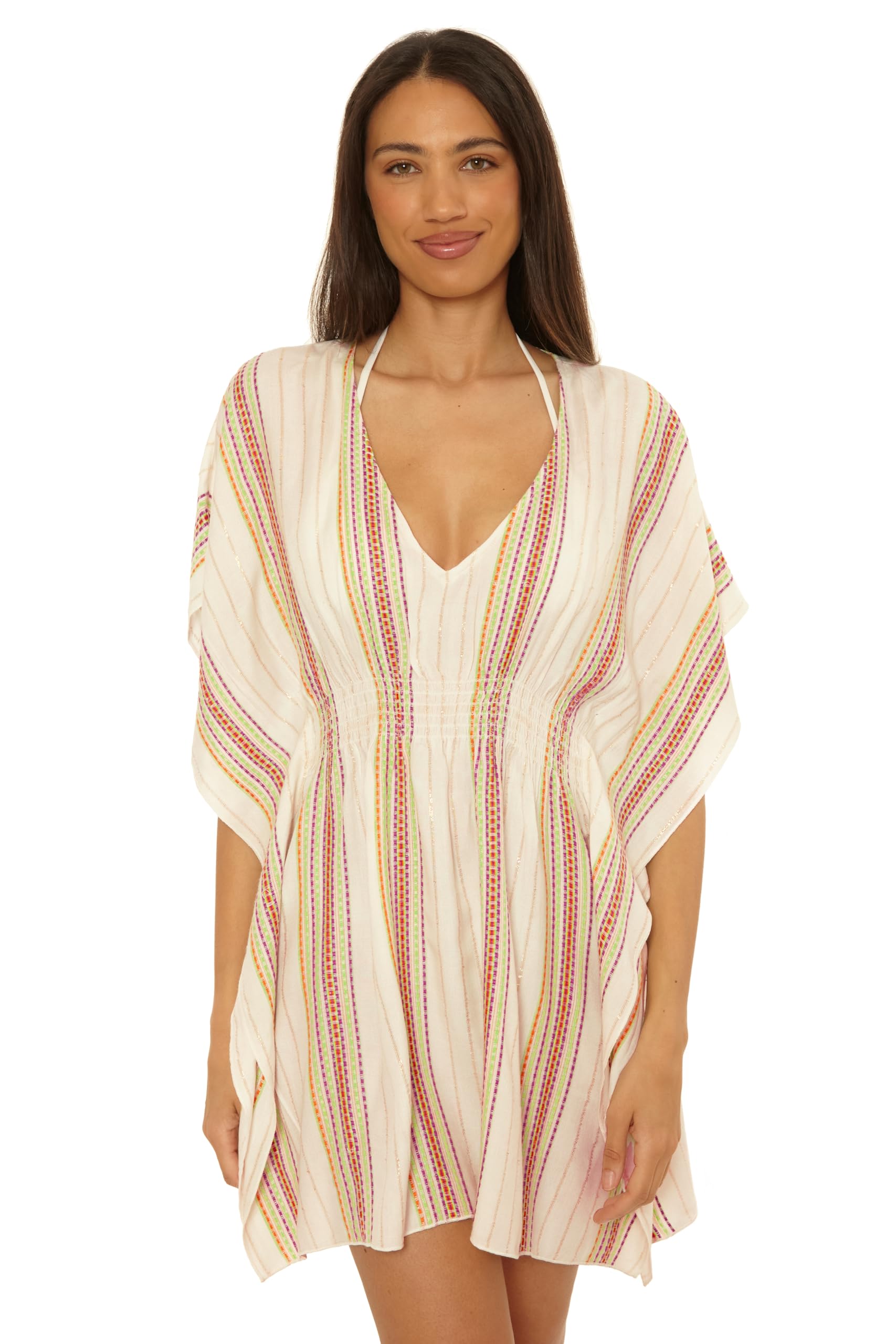 Becca Radiance – Women’s Woven Tunic, Plunge V-Neck, Casual, Beach Cover Ups for Women, White Multicolor, Medium-Large