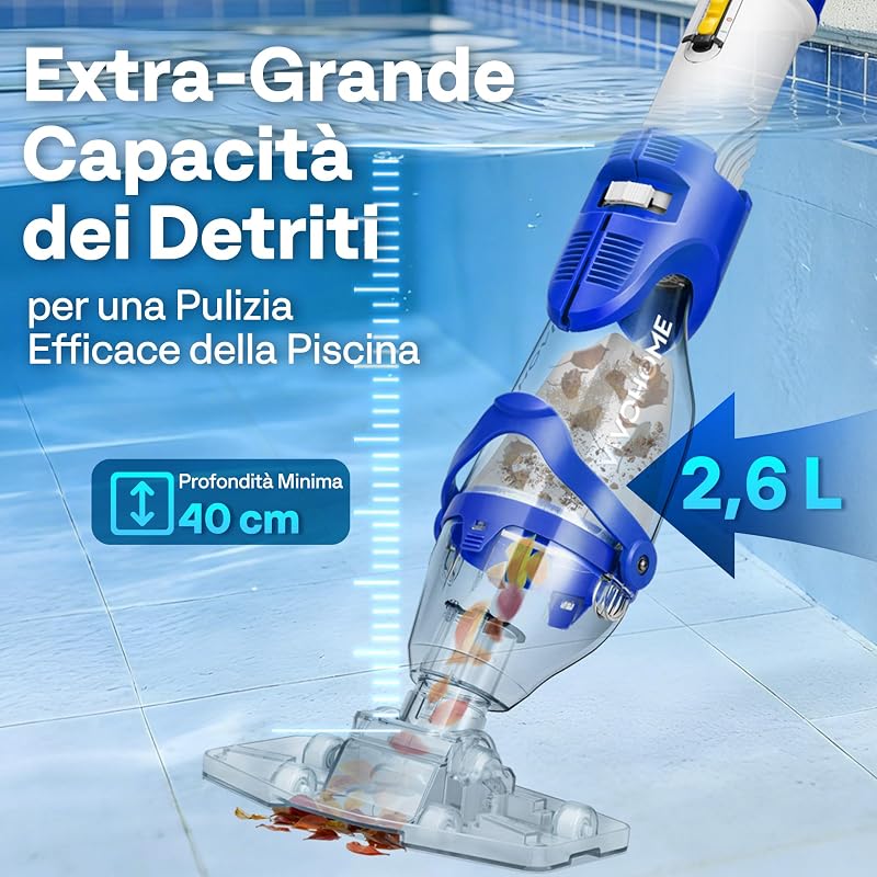 Aspirapolvere per Piscina Senza Fili 4300LPH con Asta 250cm