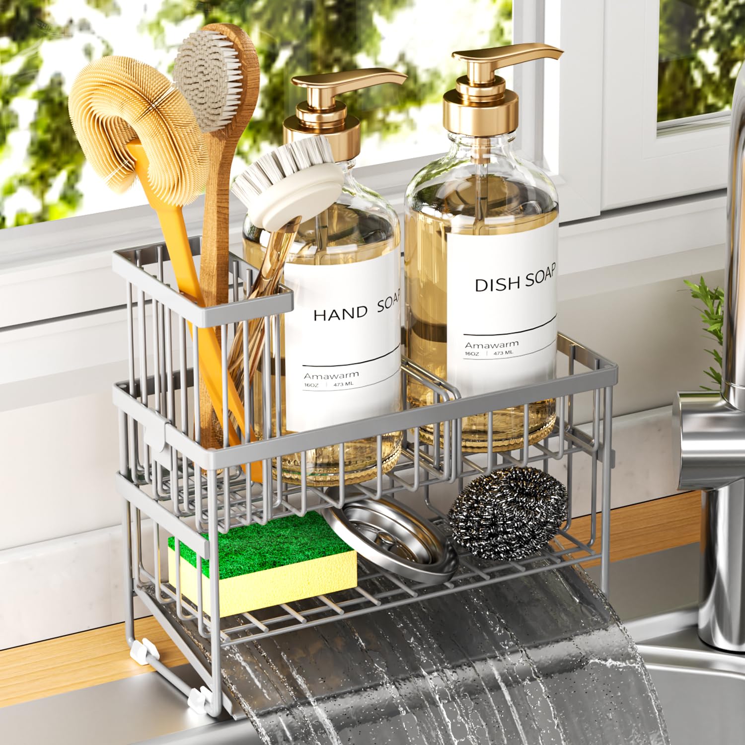 Photo 1 of Amawarm Sponge Holder for Kitchen Sink, 2 Tier Sink Caddy Organizer with High Brush Holder, Self-Draining Sponge Holder for Sinks, Soap Dispenser Organizer, Rustproof 304 Stainless Steel, Silver