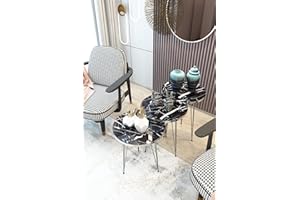 PAK HOME Set of 3 Nesting End Tables Round Wood Stacking Coffee Side Accent Sofa Table with Metal Legs for Living Room, Home Office, Nightstands for Bedroom (Black Marble/Silver Legs)