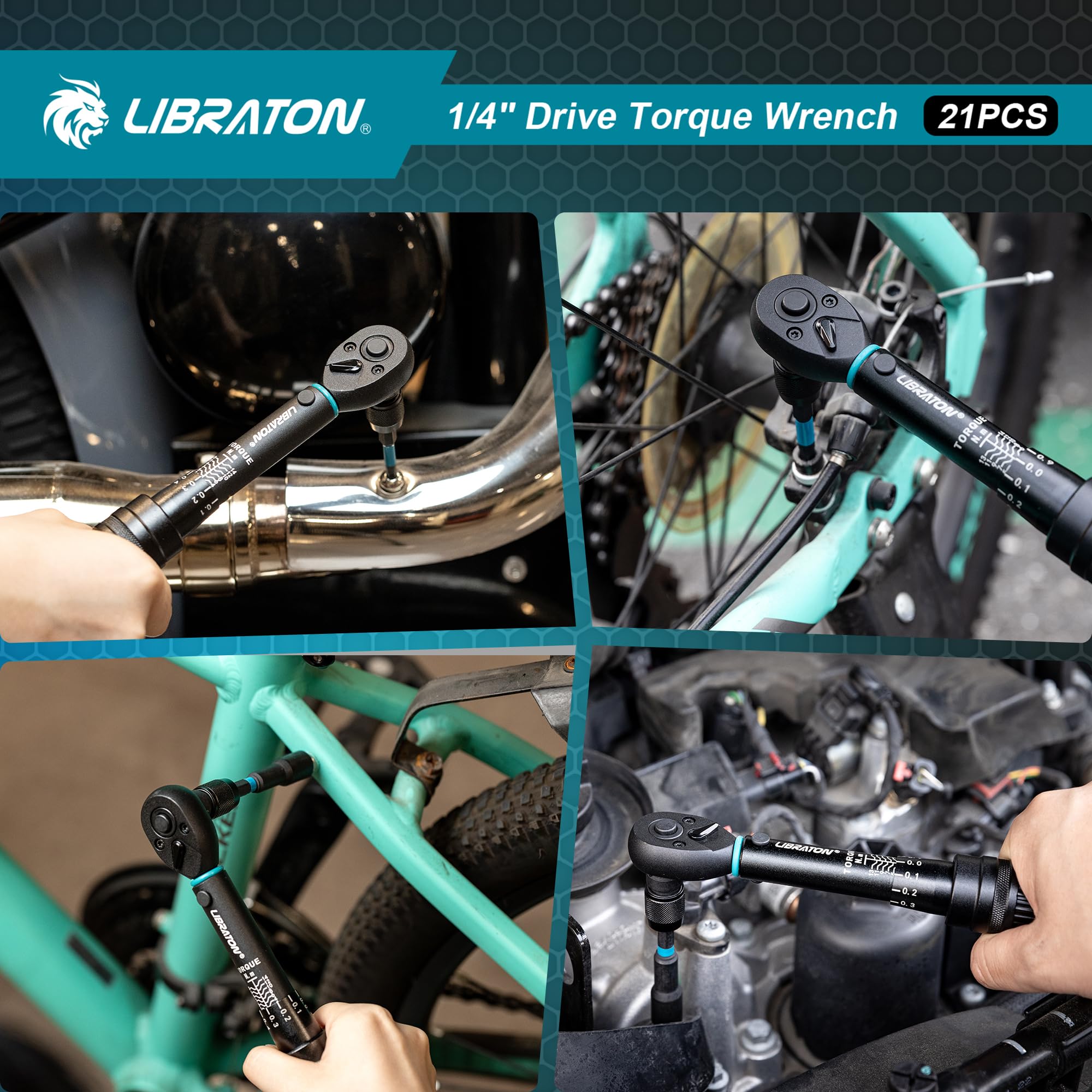 LIBRATON Drehmomentschlüssel 1/4", 2-14Nm, 72-Zahn-Drehmomentschlüssel, Mikroeinstellung auf 0,1Nm, Sechskant & Torx Schlagbits, Steckschlüssel, Schlag- auf 1/4-Sechskant-Konverter, Fahrrad-Reparatur 5