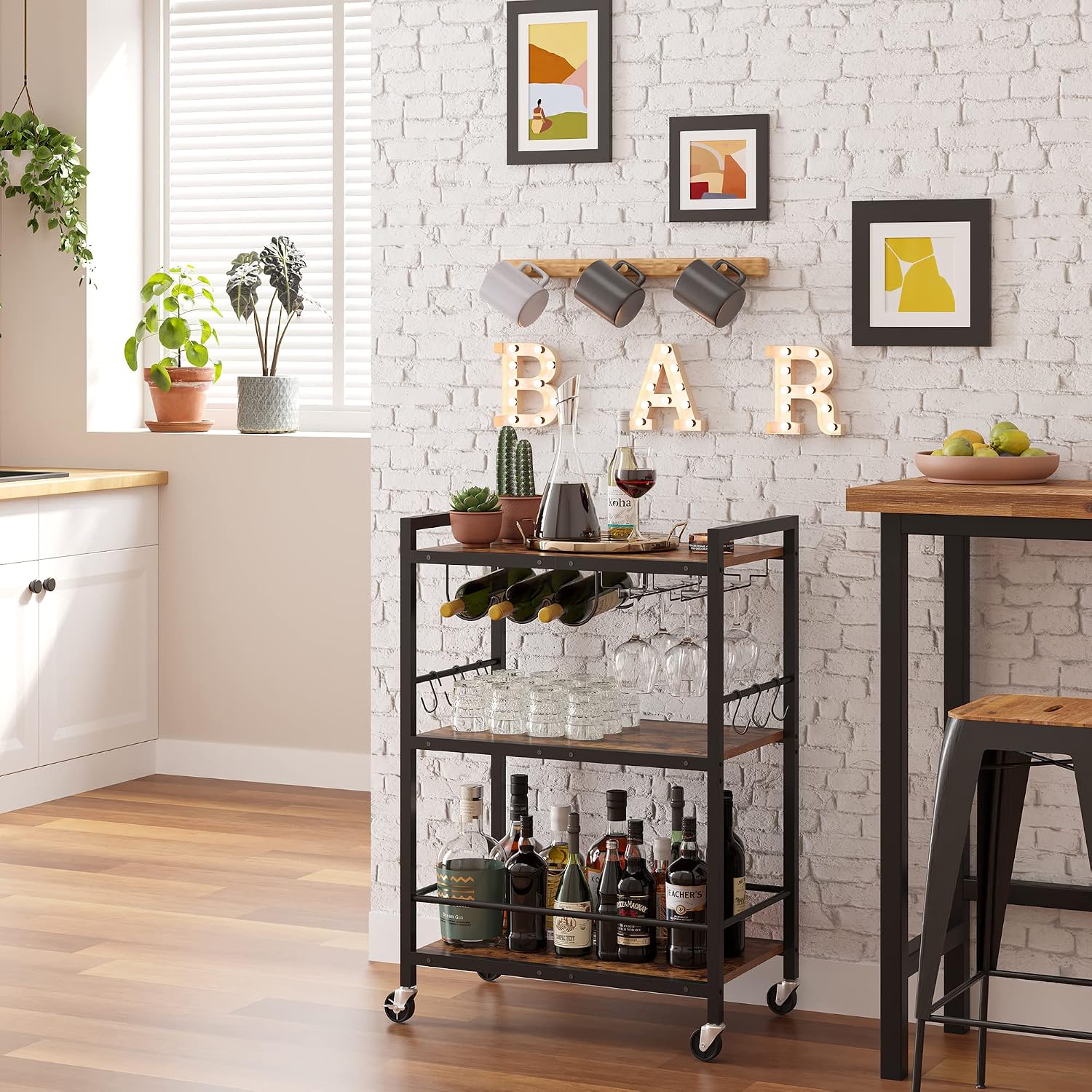 TUTOTAK 23.7 inch bar cart loaded with bottles and glassware against an exposed brick wall under a BAR sign