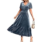 Simplee Womens Fall Velvet Dress Short Sleeve V Neck Floral Maxi Dress Long Formal Winter Wedding Guest Dresses