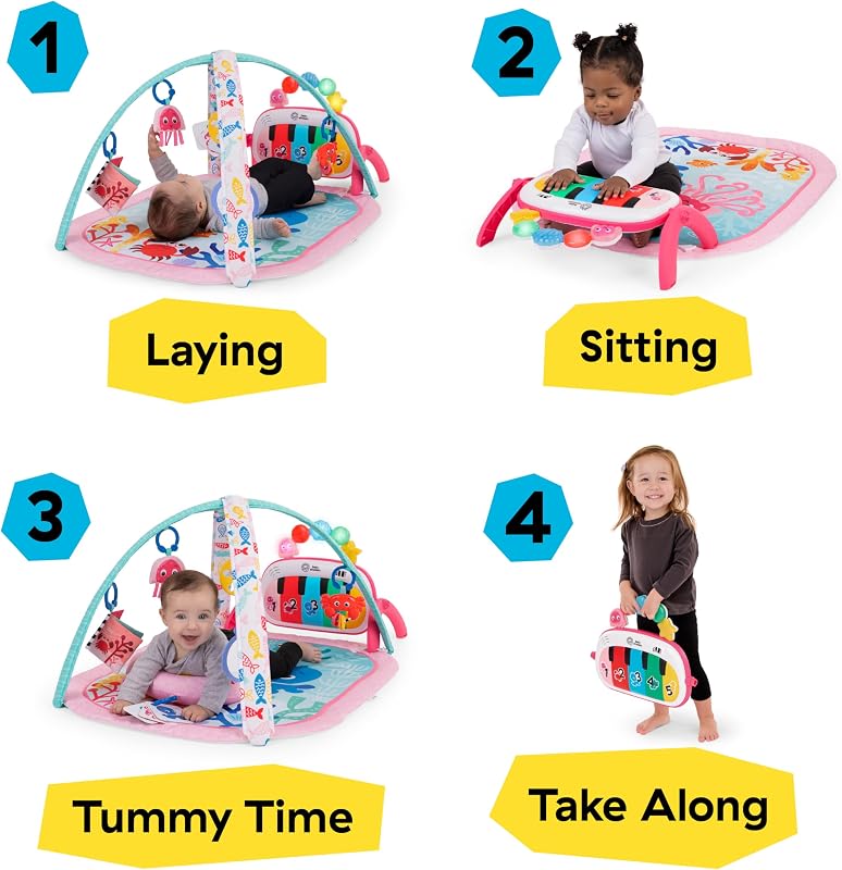 Baby Einstein, Ocean Explorers 4-em-1 Baby Gym - Baby Carpet Kick Jogos de Piano, Música e Descoberta de Linguagem, Brinquedos Sensoriais, Recém-Nascido +, Rosa