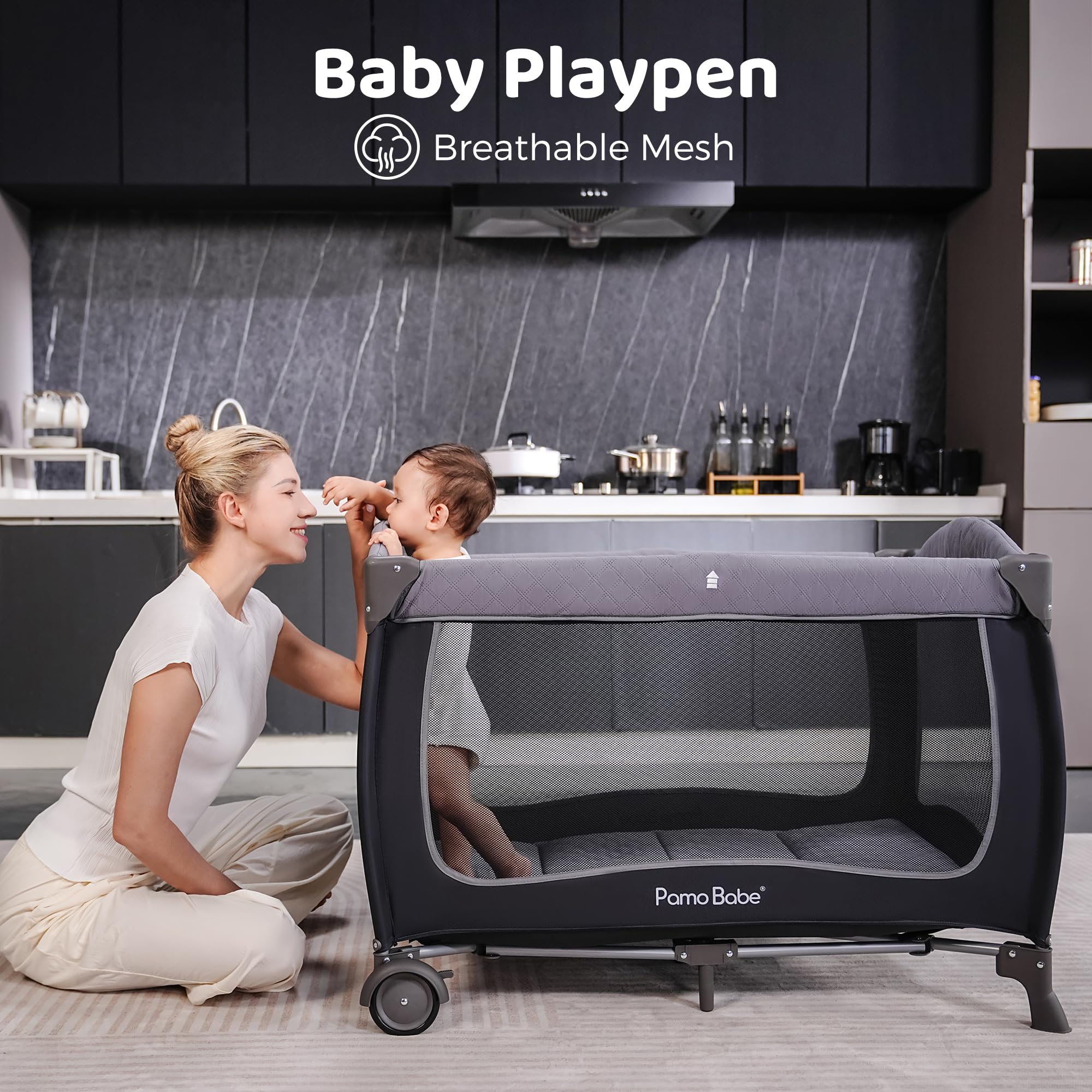 Pamo Babe Baby Playard with Canopy, Portable Crib with Changing Table