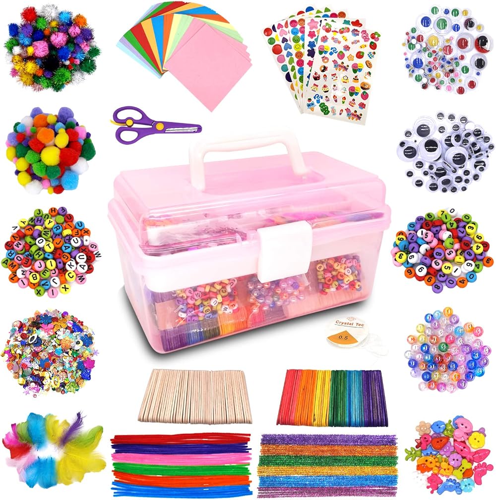 obqo 1000+ Pcs Kids Craft Box Pink Storage All-in-One DIY Art Set