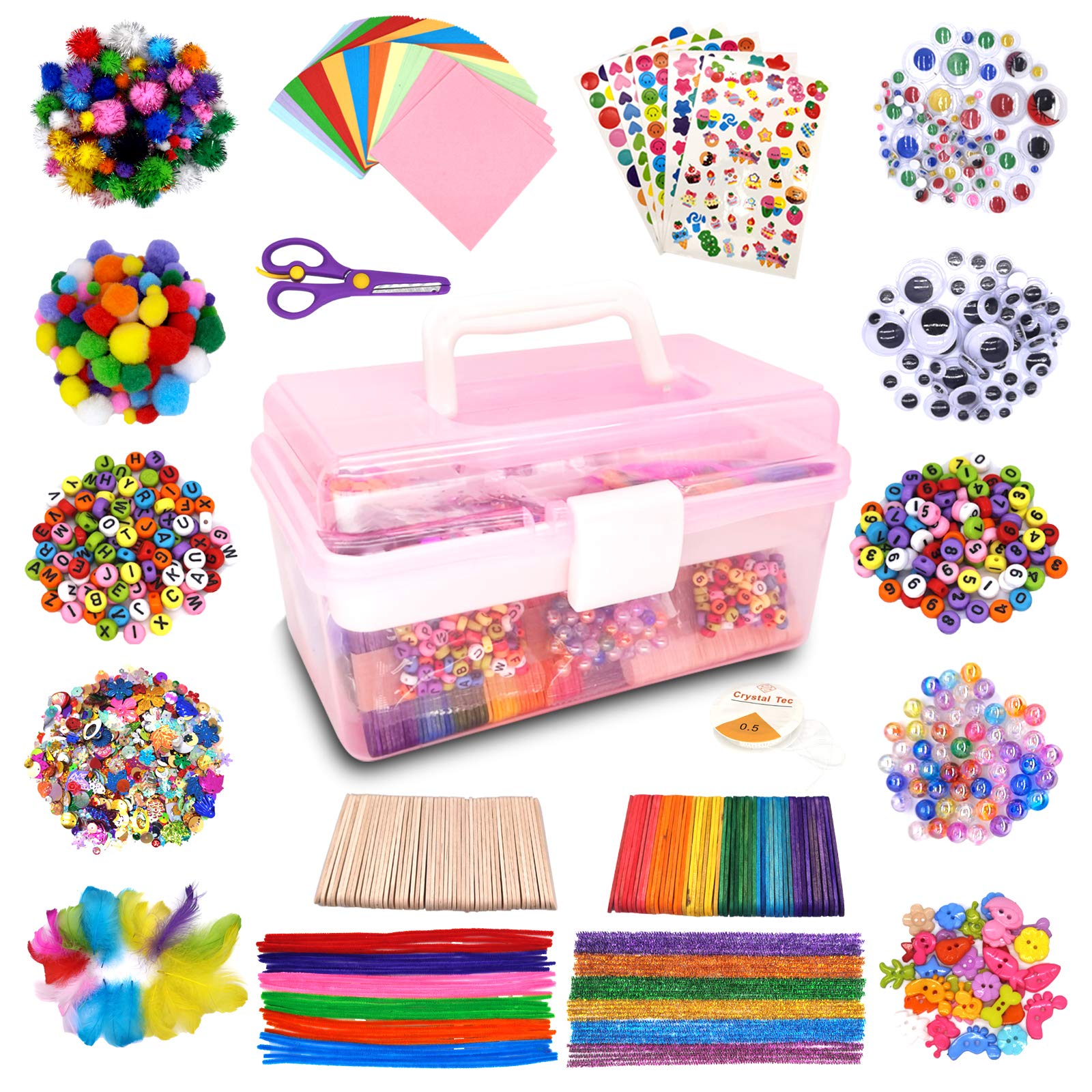 obqo 1000+ Pcs Kids Craft Box Kit, Toddler Arts and Crafts for Kids Includes Pom Poms, Pipe Cleaners, Feather, Folding Craft Box - All in One DIY Craft Set(Pink)